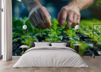 Close-up shot of picking fresh and green lettuce by hand Wall mural