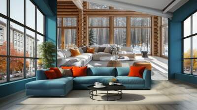 Living room interior in beautiful new luxury home, bright modern minimalist style, with replica space. Wall mural