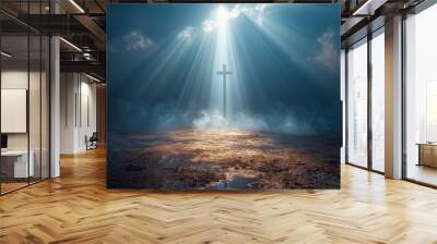 The Easter Religious background with the Christian Cross The Stairway to heaven is a spiritual concept, the stairway to the light of spiritual fantasy, the Dundar effect, the light of Jesus Wall mural