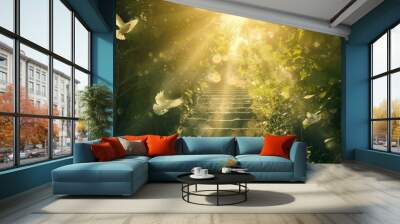 with the Christian cross,Stairway to heaven in heavenly concept.  Religion background.  Stairway to paradise in a spiritual concept.  Stairway to light in spiritual fantasy.  Path to the sky and cloud Wall mural