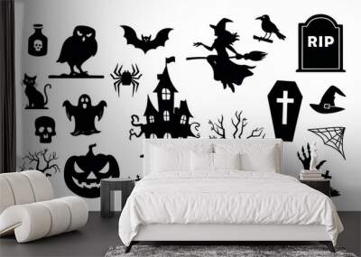 collection of halloween silhouettes. haunted house, creepy tree, flying witch, pumpkins, halloween g Wall mural