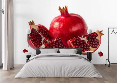 Fresh pomegranate with half slices, depicted juicy red flesh and seeds, isolated on transparent background, organic ripe pomegranate fruit Wall mural