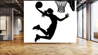 vector silhouette of a female basketball player slam dunk, scoring the ball to the net, transparent background Wall mural