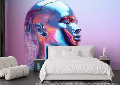 Futuristic Woman with Closed Eyes and LED-Like Colors, Holographic Cyber Woman with Iridescent Colors, Futuristic Woman, Robot Aesthetics, LED-Style Colors, Closed Eyes, Metallic Skin Wall mural