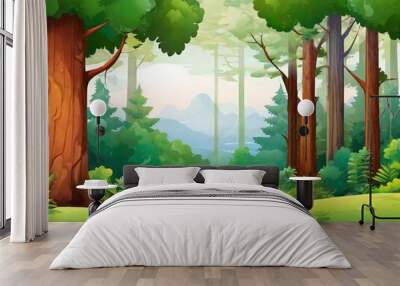 Blank meadow at daytime scene with various forest trees, vector forest scene with various forest trees, vector a flat nature background, vector forest scene with hiking track and many trees Wall mural