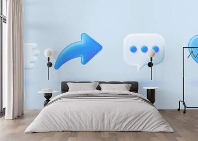 blue social media icon set thumbs, comment, share and love 3d style Wall mural