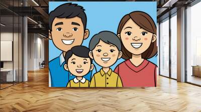 asian happy family dad mom daughter and son tog cartoon vector illustration Wall mural