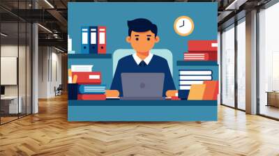 deadlines at work tired office worker man cartoon vector illustration Wall mural