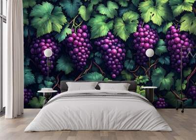 A close-up view of ripe purple grapes hanging on a vine with lush green leaves. Wall mural