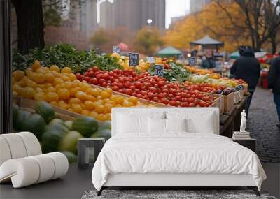 A farmers market stall in the city with fresh produce for sale. Wall mural