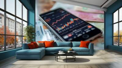 A smartphone displaying a stock market graph lies on a surface of various banknotes. Wall mural