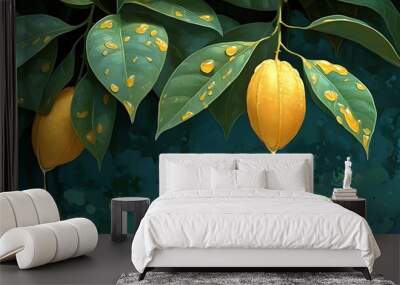 Two ripe lemons hanging from a branch with leaves, dripping with juice.  The lemons are a bright yellow and the leaves are a deep green. Wall mural