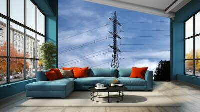 Power electric pole with line wires on insulators. Wall mural