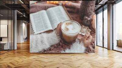 Cup of coffee and open Bible, winter morning mood Wall mural