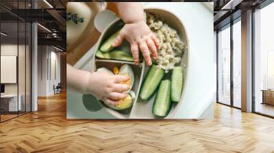 first blw baby food, little baby eating organic vegetables with BLW method. Infant eating healthy food. self feeding Wall mural