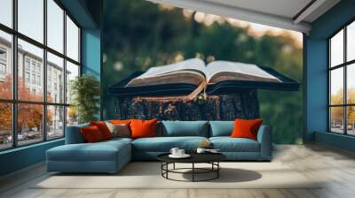 Open bible at sunset in nature, christian concept Wall mural