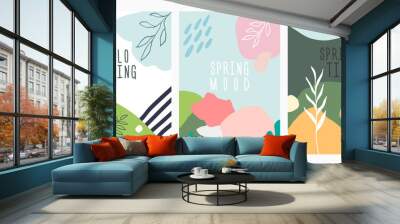 Spring memphis design posters set. Abstract geometric shapes background. Green vector illustration. Posters, covers, flyers, banners template Wall mural