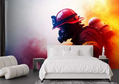 A brave firefighter in protective gear struggles through colorful smoke, showcasing courage and resilience in a challenging environment. Wall mural