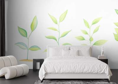 A serene illustration of growing plants, showcasing different stages of growth from seedlings to mature leaves. Wall mural