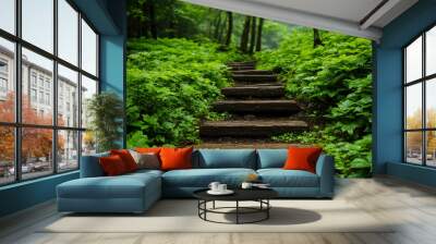 A serene pathway through lush green foliage, inviting exploration and tranquility in a peaceful forest environment. Wall mural