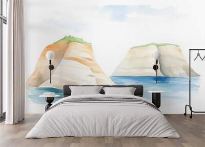 A serene watercolor landscape featuring two distinct cliffs by a calm blue sea under a soft, cloudy sky. Wall mural