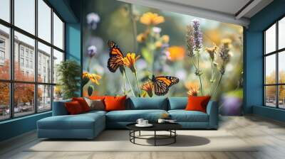 Butterfly garden teeming with pollinators, AI Generated Wall mural