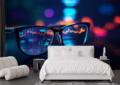 Close-up of eyeglasses reflecting stock market data on a screen, symbolizing financial analysis, technology, and investment insights. Wall mural