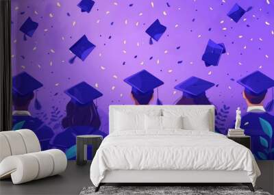 Graduates in caps and gowns celebrate their achievement by throwing hats in the air against a purple confetti-filled background. Wall mural