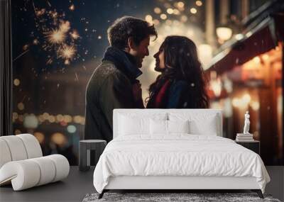 Happy couple having fun with sparklers and celebrating on New Year's eve celebration, Man and woman celebrating with firework on street at night, Romantic couple enjoying New Year party, AI Generated Wall mural