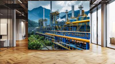 Large industrial plant with complex machinery in a mountainous landscape, showcasing blue and yellow pipelines on a cloudy day. Wall mural