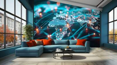 Lines of connection superimposed over map of world portraying global communication, AI Generated Wall mural