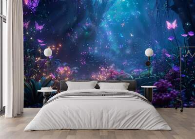 Magical fairy tale forest with glowing butterflies, colorful flowers, and dreamlike atmosphere under a star-lit sky, radiating a fantasy ambiance. Wall mural