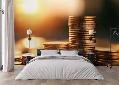 Stacked gold coins with a warm sunset background, representing wealth, investment, and financial prosperity. Wall mural