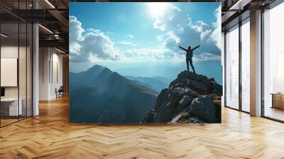 Victorious girl atop mountain summit, AI Generated Wall mural