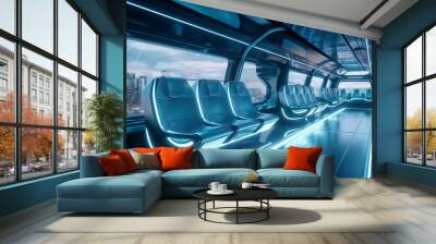 View of futuristic skytrain station in city, Modern downtown, Empty seats and atmosphere inside the skytrain, Electric train, AI Generated Wall mural