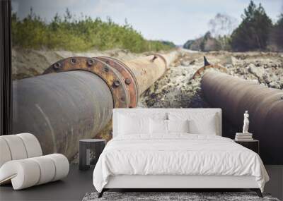 Steal big pipeline on a ground. Old pipes joint.
 Wall mural