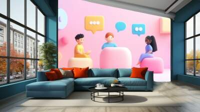 3D Illustration of three diverse people engaging in a conversation. Wall mural