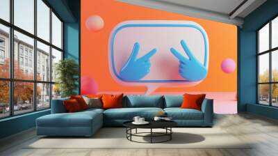 3D render of a speech bubble with two blue hand gestures, peace sign and victory sign. Wall mural