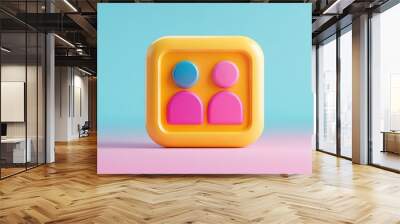 3D render of a yellow square icon with two people silhouettes, one blue and one pink, representing social media, connection, community, or friendship. Wall mural