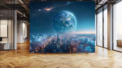 A 3D rendering of the Earth seen from space, floating above a cityscape with illuminated skyscrapers and surrounded by clouds, symbolizing global business Wall mural