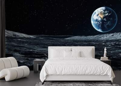 A breathtaking view of Earth from the lunar surface, with a starry night sky and the desolate, cratered landscape of the Moon. Wall mural