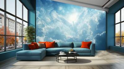 A bright white angel with wings emerges from the clouds with the sun shining brightly behind it. Wall mural