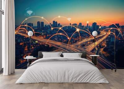 A cityscape at dusk with a network of connected lines and wifi symbols representing connectivity and communication. Wall mural