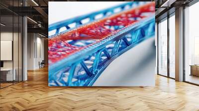 A close-up of a blue 3D printed bridge with red threads in the middle. Wall mural