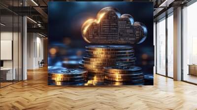 A cloud computing concept with gold coins. Wall mural