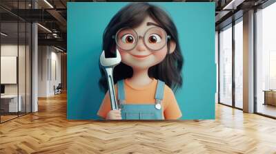 A cute cartoon girl with glasses and overalls holding a wrench, smiling and looking at the camera. Wall mural