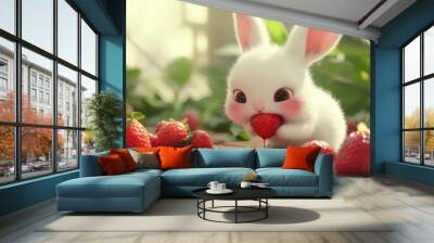 A cute white bunny with pink cheeks eats a strawberry surrounded by other strawberries. Wall mural