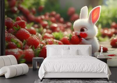 A cute white rabbit eats a strawberry surrounded by a pile of fresh strawberries. Wall mural