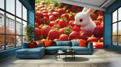 A cute white rabbit sits amongst a bed of ripe red strawberries, enjoying a delicious treat. Wall mural