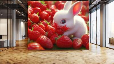 A cute white rabbit with red stained whiskers sits in a pile of fresh red strawberries, enjoying a juicy berry. Wall mural